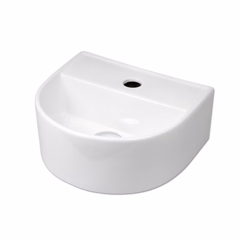 Lavabo in Vetroceramica, modello sospeso semicircolare, 330 x 290 x 130 mm, bianco, set completo