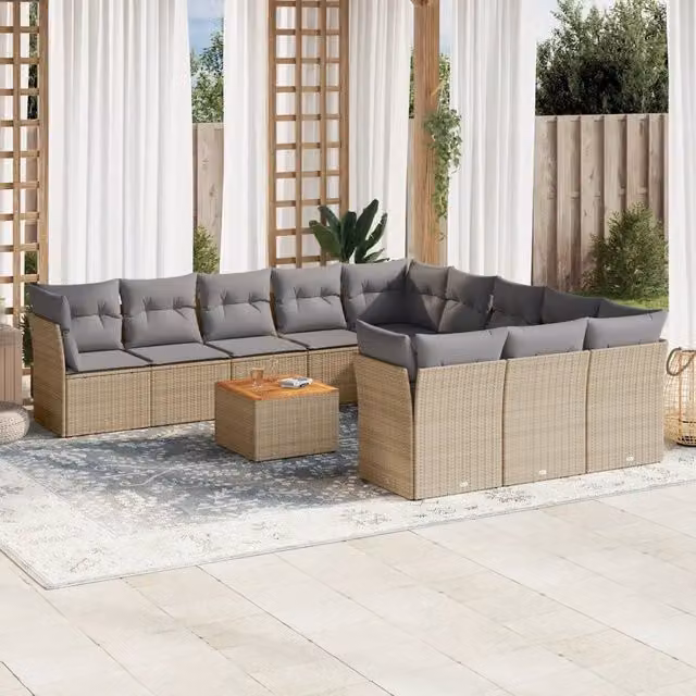 Set di divani da giardino a L VIDAXL in polyrattan con cuscini beige, 12 pezzi