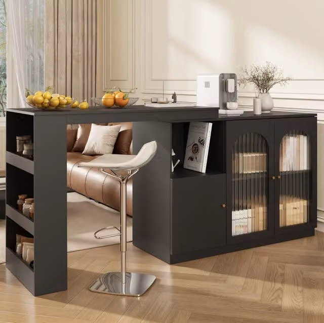 Mobile bar girevole 360° in MDF nero con ante in vetro; corpo principale 120 x 40 x 97 cm