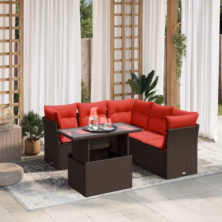 Set Divani da Giardino vidaXL 6 pz in Polyrattan Marrone con Cuscini e Tavolino da Esterno