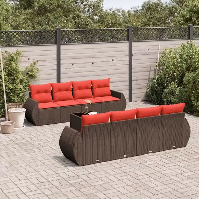 Set Divani da Giardino 9 pz con Cuscini Marrone in Polyrattan 3221153