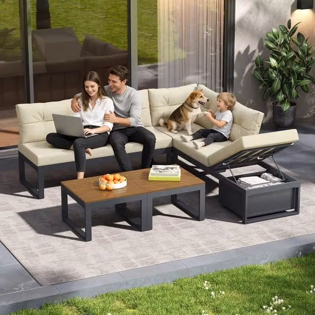 Set da giardino 3 in 1 - Zephmum- Schienale regolabile, funzione relax, cuscini spessi, tessuto poliestere resistente alle intemperie, colore beige