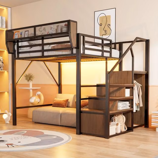 Letto a soppalco 140x200 cm con LED e scala di sicurezza in metallo nero