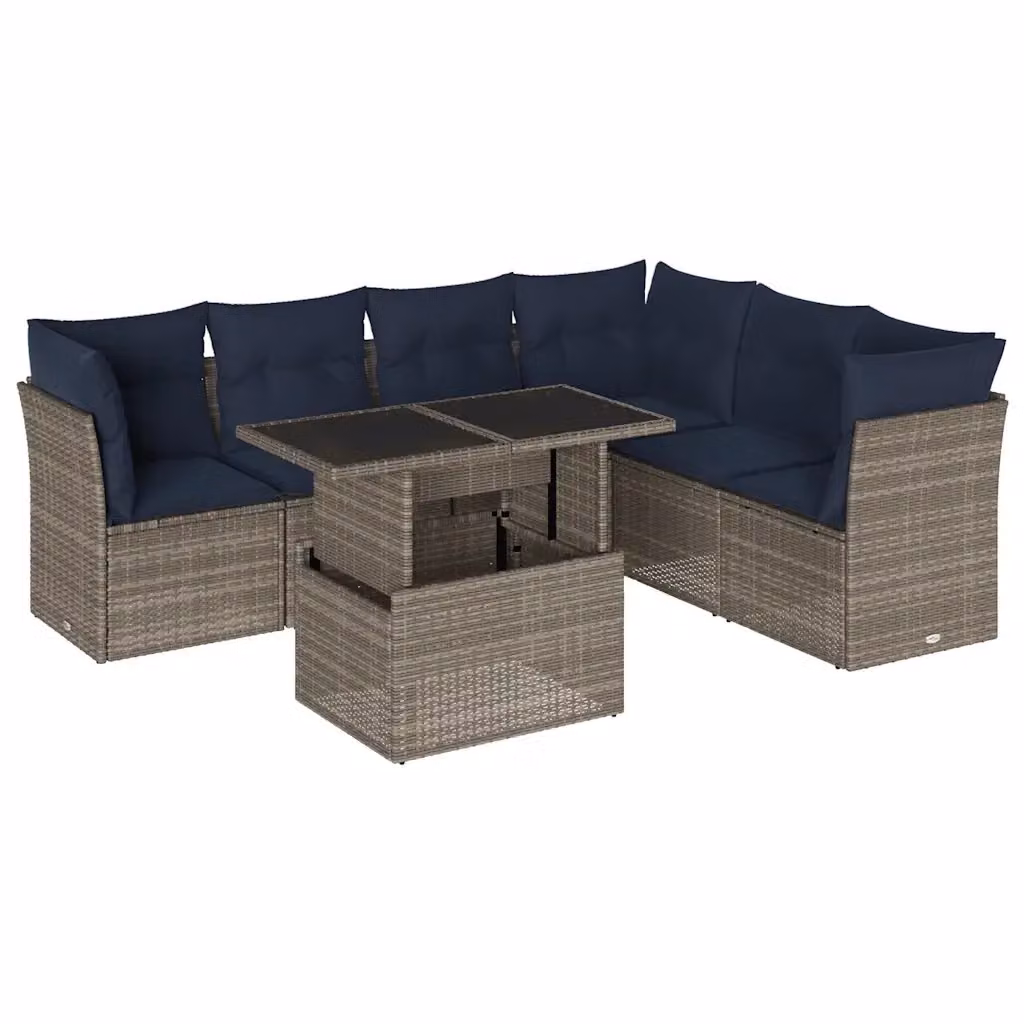 Set da giardino moderno vidaXL composto da 7 pezzi con divani a L, elementi angolari, tavolino da caffè e cuscini in tessuto resistente ai raggi UV, colore grigio e blu – 2