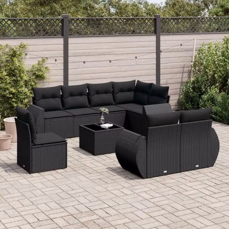 vidaXL Set Divani da Giardino a L in Polyrattan Nero con Cuscini e Tavolino da Esterno