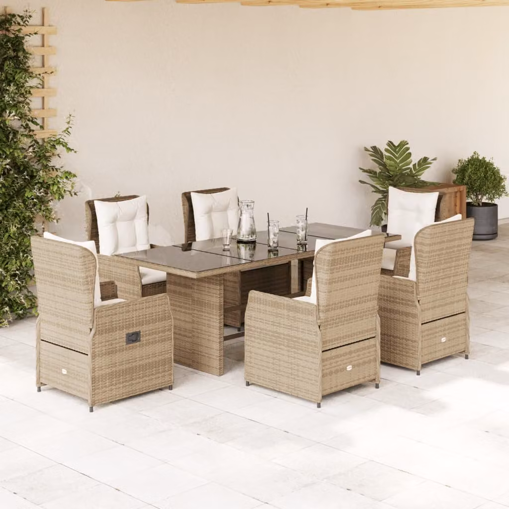 Set da Pranzo da Giardino vidaXL in Polyrattan con Cuscini Beige e Piano in Vetro, 7 Pezzi