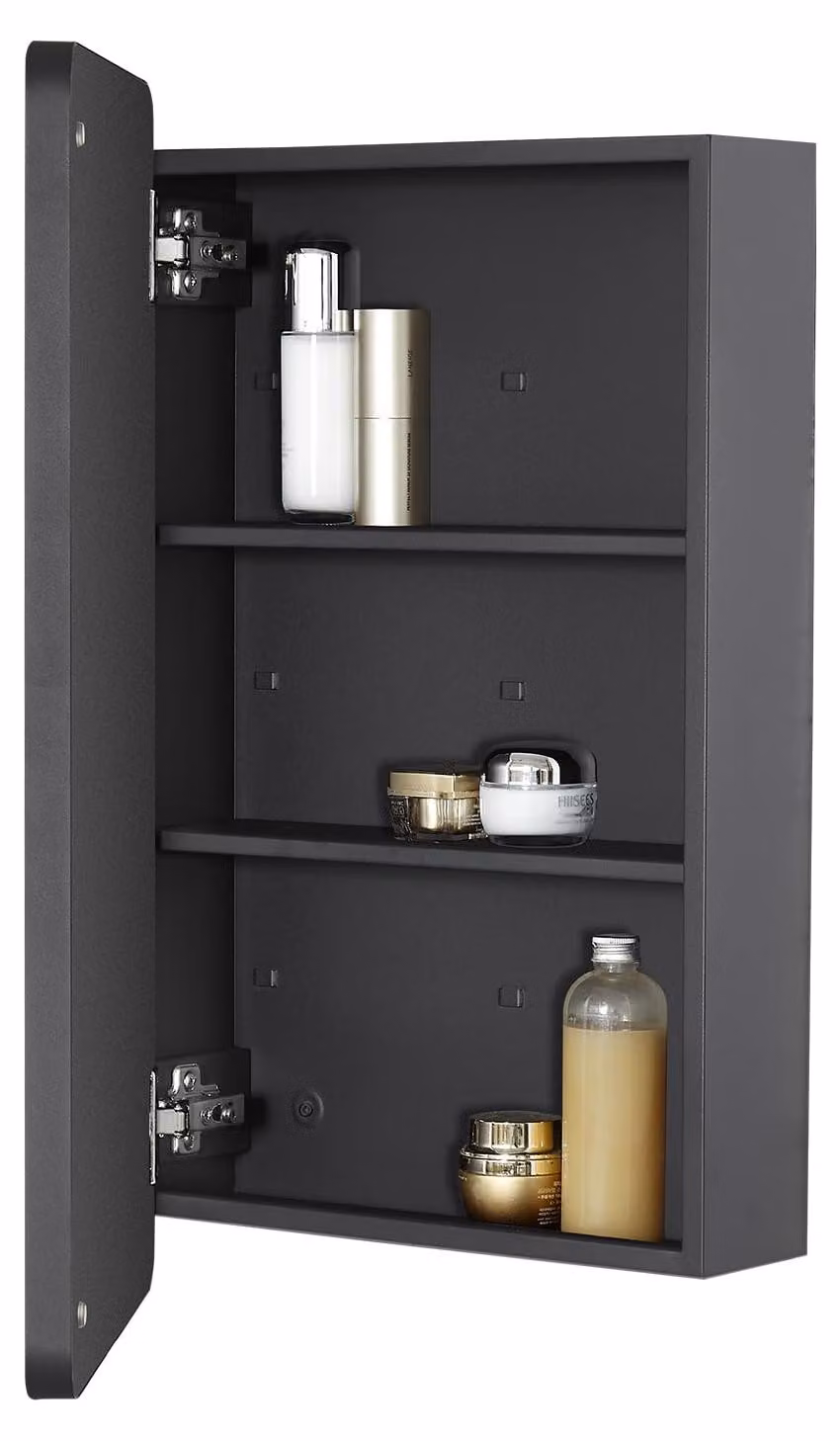 Specchio a muro, finitura nera opaca, 38x65 cm, ripiani regolabili, montaggio a parete