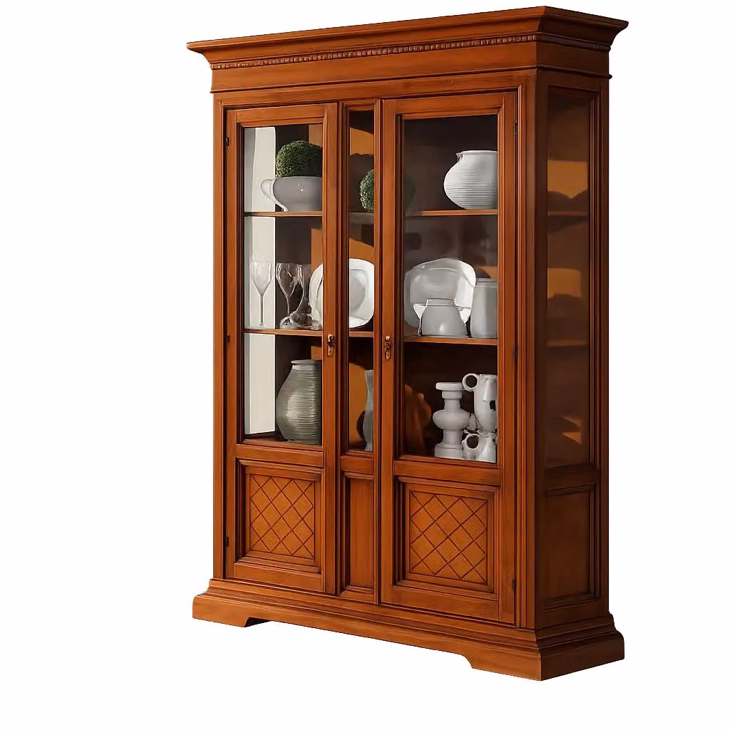 Vetrina a 2 ante in legno stile arte povera con ante in vetro Mobili 2G colore noce L: 146 cm, P: 53 cm, H: 213 cm – 2