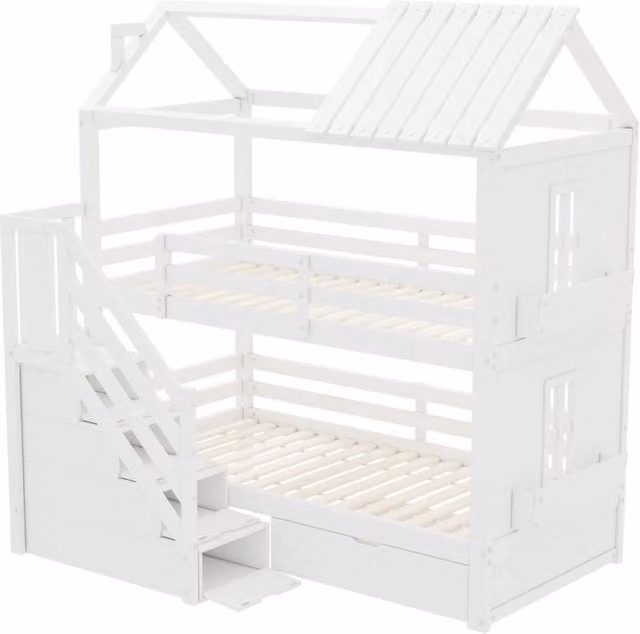 Letto a castello per bambini 90x200 cm in pino e MDF, con scaletta contenitore, cassetti e scaffali, senza materasso, colore bianco
