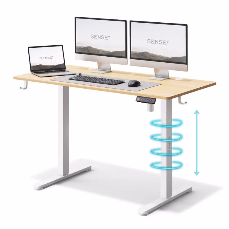 Sense7 Nojo Scrivania elettrica regolabile in altezza 120 cm, effetto pino, tavolo da gaming, funzione seduta-in piedi, memoria, tavolo ergonomico per PC, struttura bianca