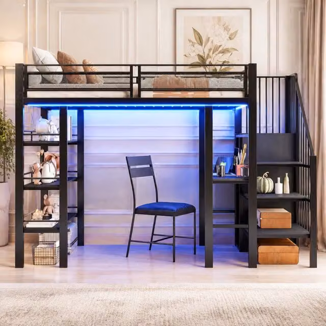 Letto a soppalco ULEVR 90x200 cm con scrivania, armadio, scaffale a 3 livelli, LED e presa, nero