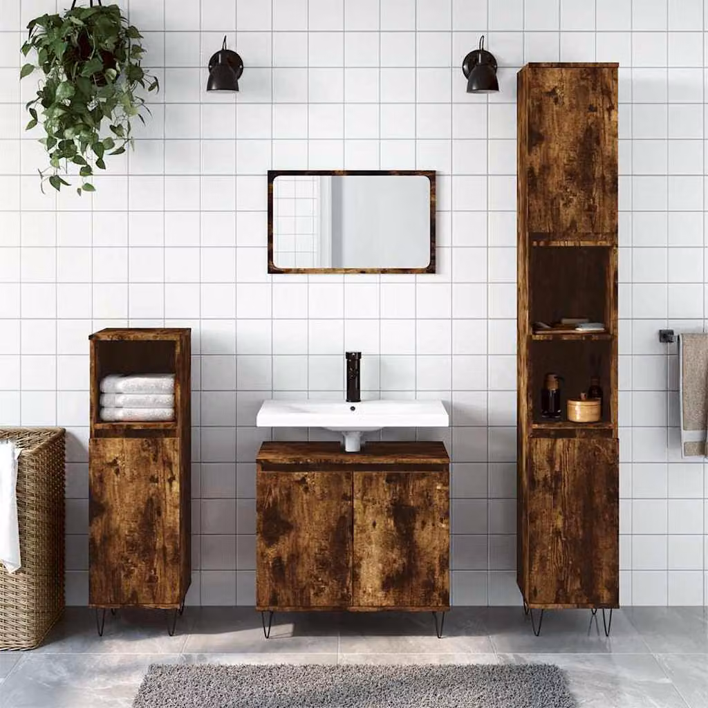 Armadietto da bagno vidaXL in legno Rovere Fumo con ante a battente e ripiani interni, sospeso, L 58 cm x P 33 cm x H 60 cm