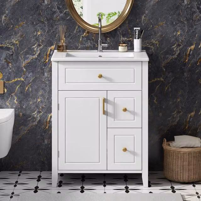 Mobile bagno a terra 61 cm bianco lucido con lavabo in ceramica; mobiletto sottolavabo con cassetti e maniglie dorate