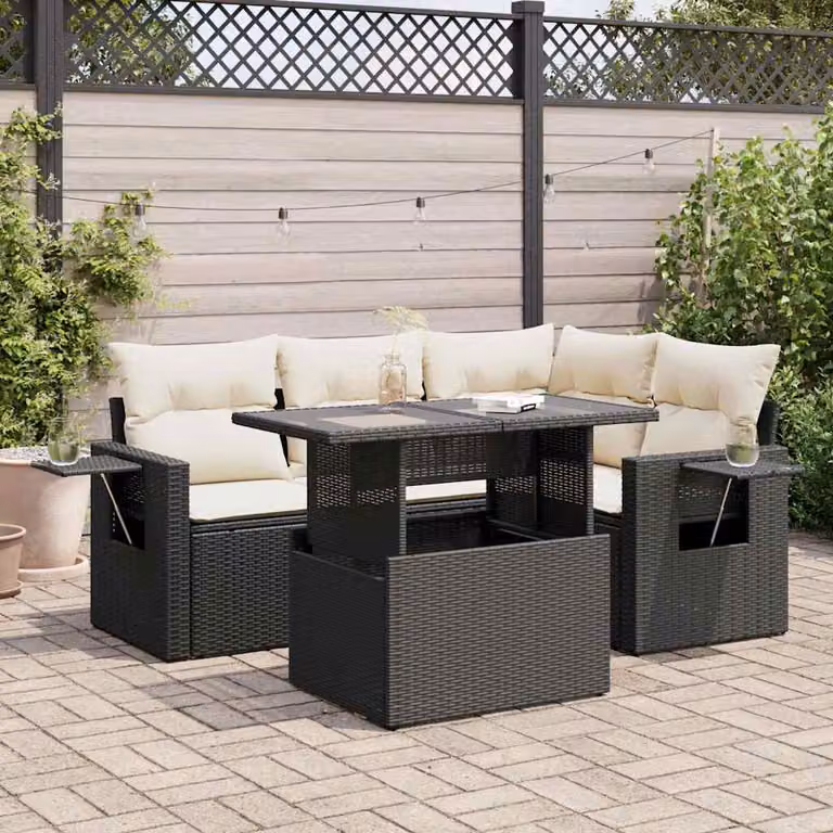 Set Divano da Giardino a L vidaXL 5 pz con Cuscini e Tavolino in Polyrattan e Metallo Nero e Bianco