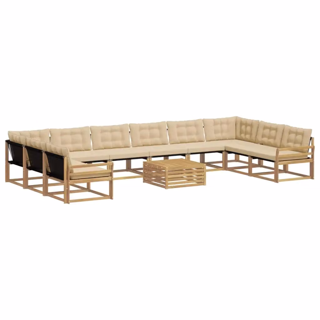 Set di divani da esterno a forma di U vidaXL in legno di acacia con tavolino e cuscini, Bianco e Beige – 2