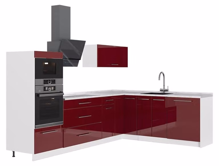 Cucina angolare completa Vicco Fame-Line Bordeaux lucido/Bianco 287 x 207 cm senza piano di lavoro, Model 63544