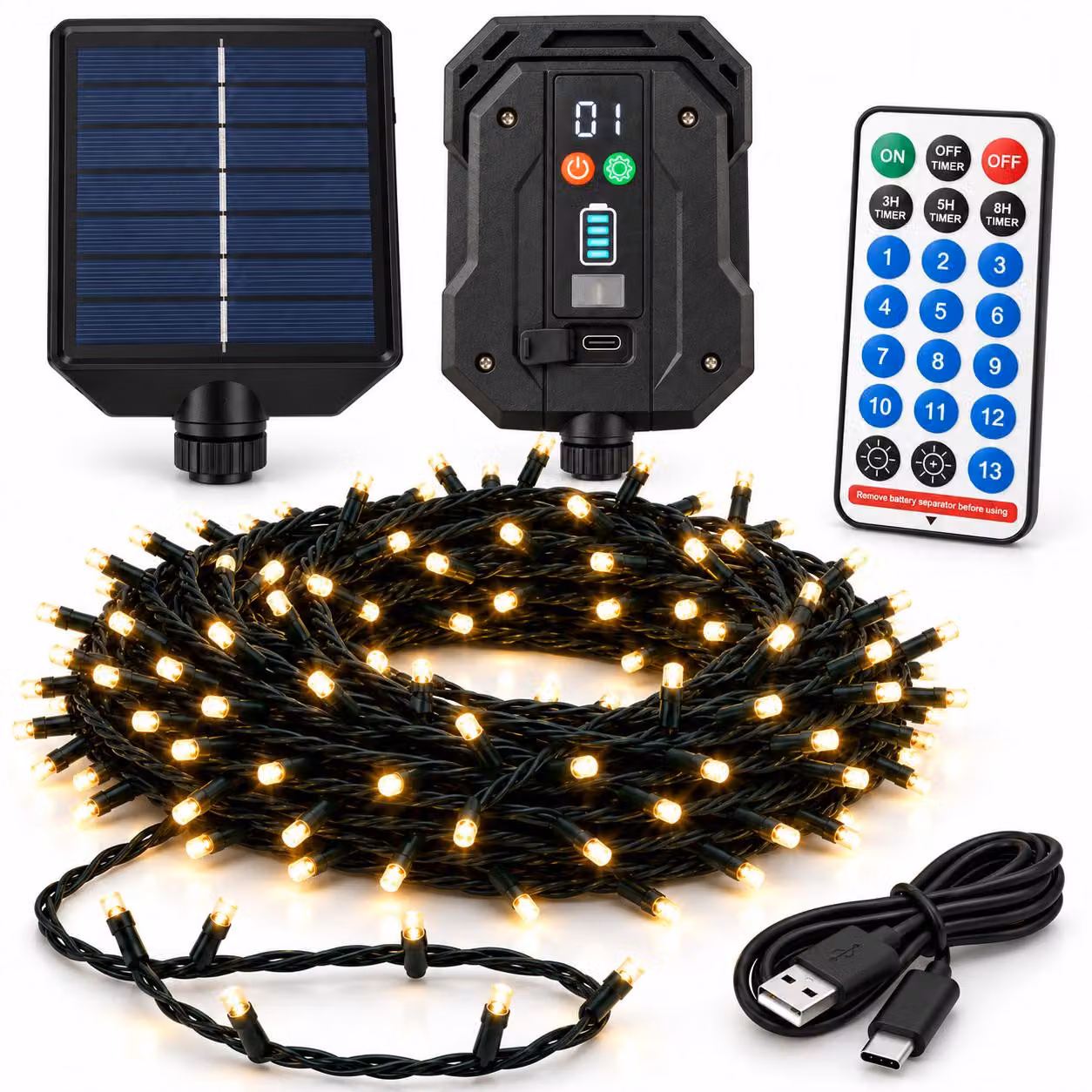 Benza – Catena luminosa solare – 240 LED – Luce calda – Per interni ed esterni – Grado di protezione IP44 – Alimentazione a energia solare e ricarica USB-C – Batteria rimovibile – Lunghezza totale: 13,8 metri – 13 funzioni – Timer – Telecomando