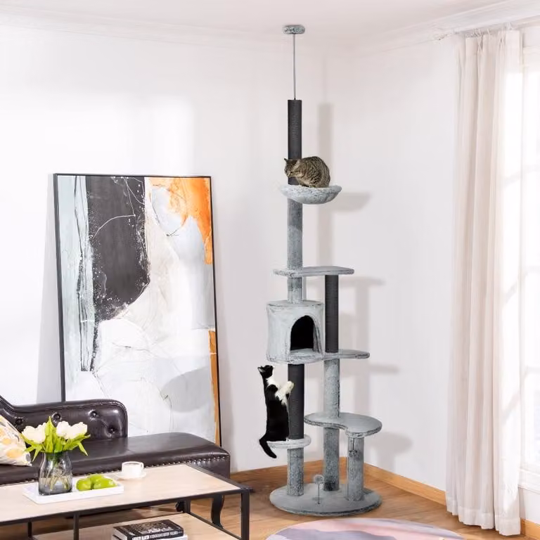 Albero per gatti a parete, con tiragraffi e amaca | Colore: Grigio | Dimensioni: 60x60x225-255 cm