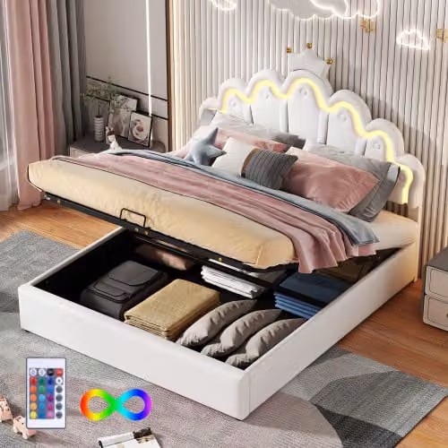 Letto matrimoniale AIORBER, letto imbottito, 140x200cm, design a nuvola, lampade LED regolabili, letto idraulico con contenitore, per bambini o adolescenti