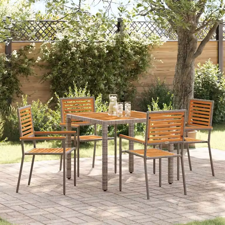 Set da pranzo per giardino e terrazza vidaXL in polyrattan con tavolo in legno di acacia, 5 pezzi, Grigio e Marrone