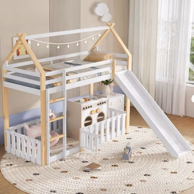 Letto sopraelevato bambini 90x200 cm con scivolo e tetto
