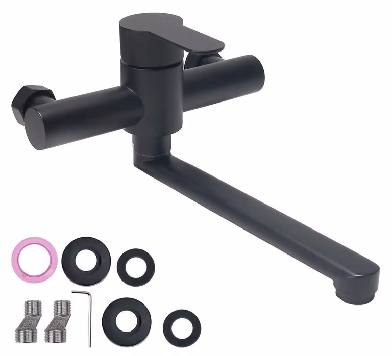 Miscelatore da cucina, montaggio a parete, altezza 23 cm, erogatore in acciaio inossidabile, rotazione a 360°, monocomando, colore nero