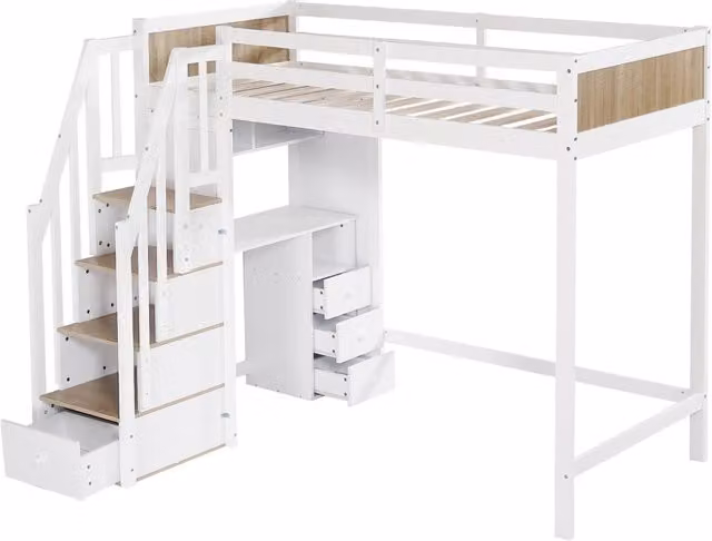 Letto a castello per bambini 90x200 cm in pino e MDF bianco e naturale con scrivania e scala contenitore