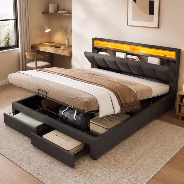 Letto imbottito 160x200 cm con LED regolabile e vano contenitore in lino grigio scuro