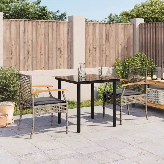Set da pranzo da giardino moderno vidaXL in legno di acacia oliato con tavolo in vetro e 3 sedie in polyrattan grigio e nero – 1