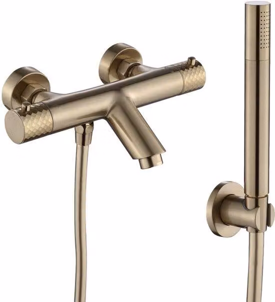 WEBO Oliver opbouw miscelatore per vasca con doccetta, oro spazzolato opaco, design a cascata, comando a due pulsanti