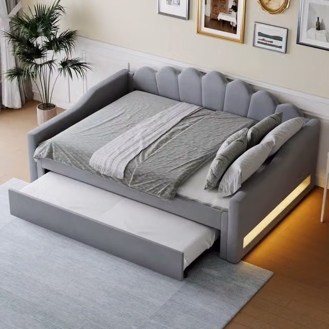 Letto divano matrimoniale OKWISH in tessuto grigio con illuminazione LED sottostante e contenitore, L/P/H: 140 x 200 x 84 cm