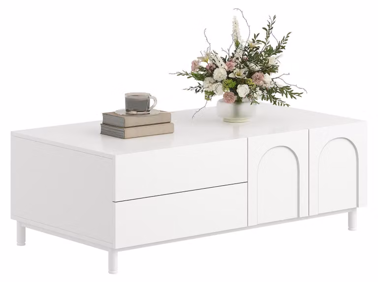 Tavolino Moonbite con spazio contenitivo, 100 cm, tavolo rettangolare per soggiorno, 2 cassetti, 2 ante a forma di arco, gambe in tubi d'acciaio, pannello MDF e pannello truciolare, colore bianco