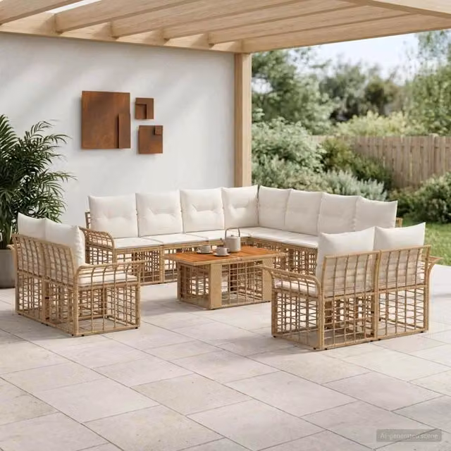 Set Divano da Giardino a L con Tavolino vidaXL, 12 Pezzi, Colore Beige e Bianco, Polyrattan e Acciaio con Cuscini Inclusi – 1