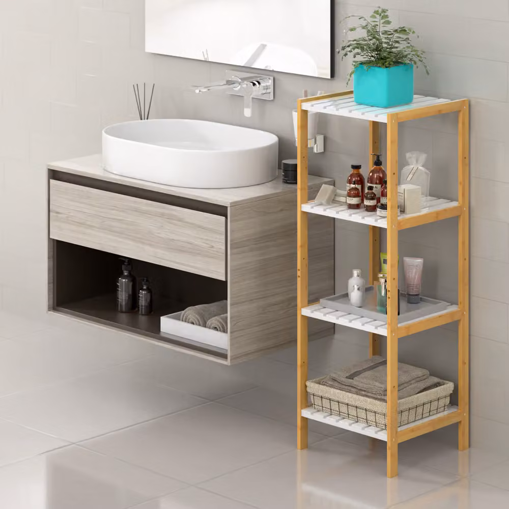 Scaffale per bagno e cucina Casaria® in bambù bianco con 4 ripiani, H 110 cm x L 33 cm x P 34 cm – 3