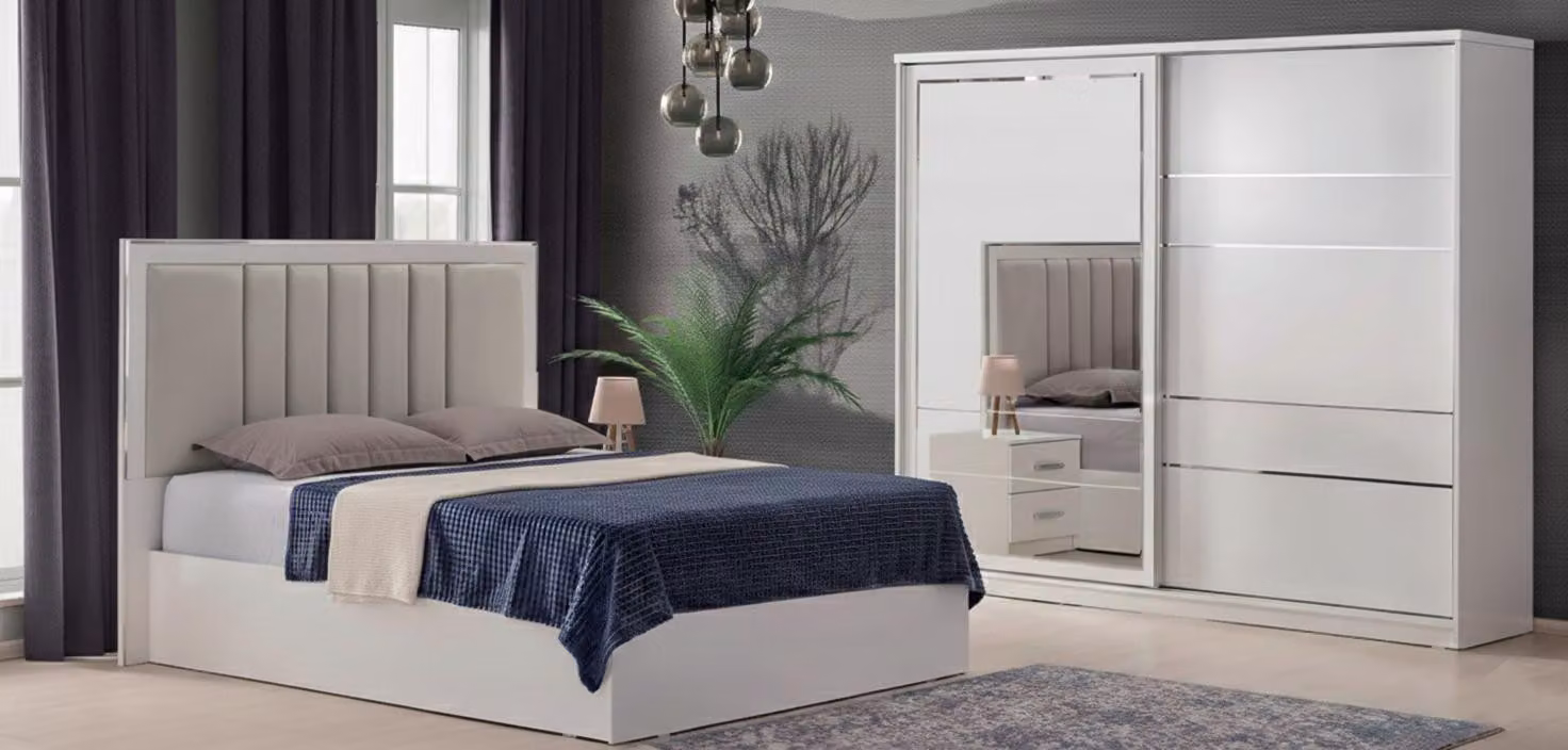 Elegante set da camera da letto composto da due elementi: letto e armadio