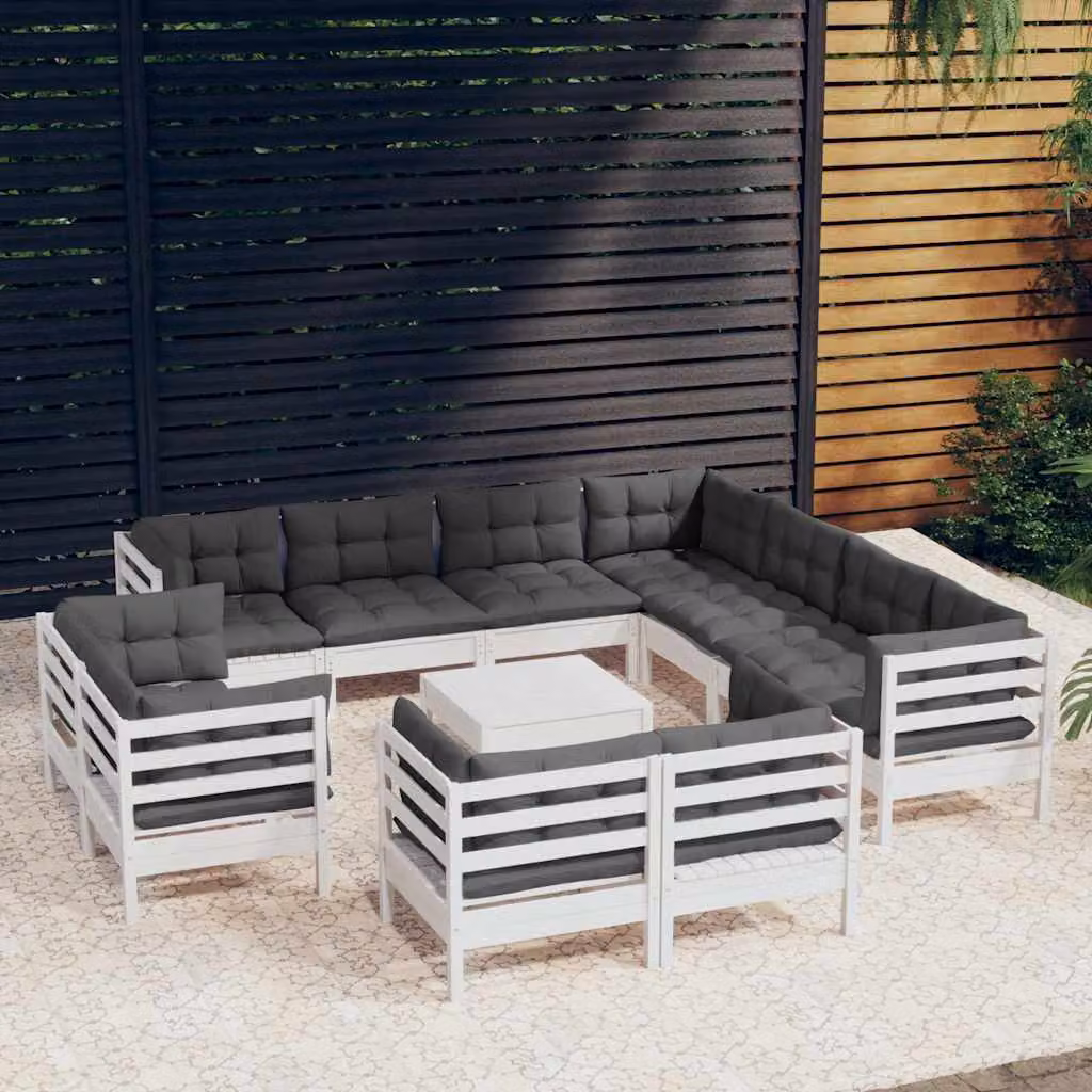 Set di divani da giardino vidaXL a forma di U in legno di pino con cuscini bianchi e antracite