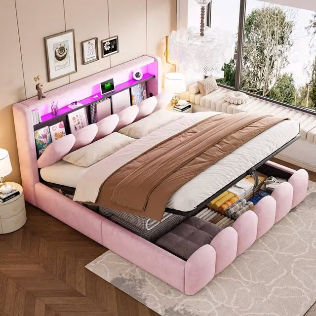 Letto imbottito contenitore matrimoniale ¨C Minimal ¨C Rosa velluto LED 180x200cm