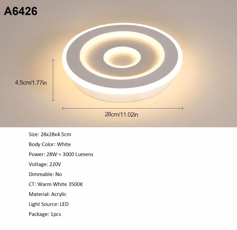 Plafoniera LED rotonda - A6426 - 28 W - 220 V - Non dimmerabile - Montaggio a soffitto - Materiali: ferro e acrilico - Adatta per ambienti da 5 a 10 m²