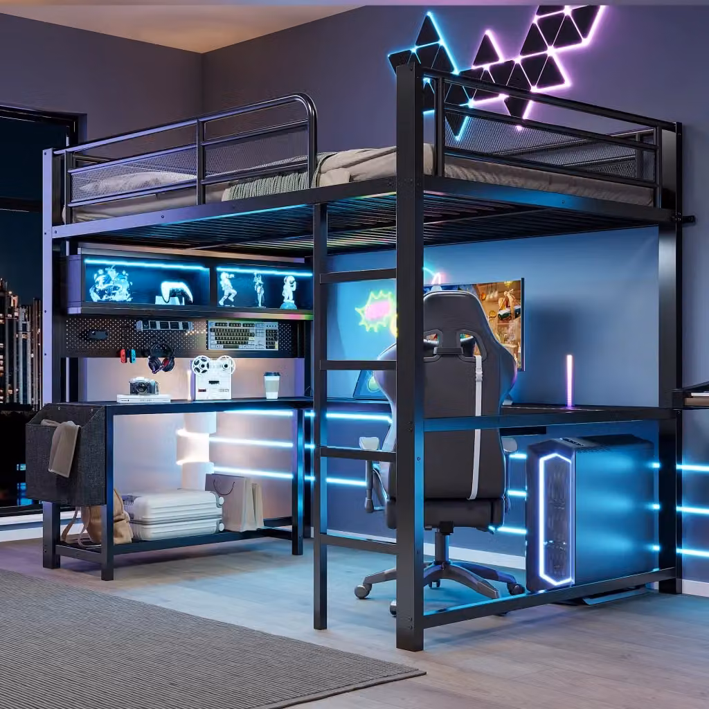 Letto a soppalco gaming nero con scrivania integrata, illuminazione LED e porta di ricarica USB, L/P/H: 204.5 x 140 x 180.3 cm – 2
