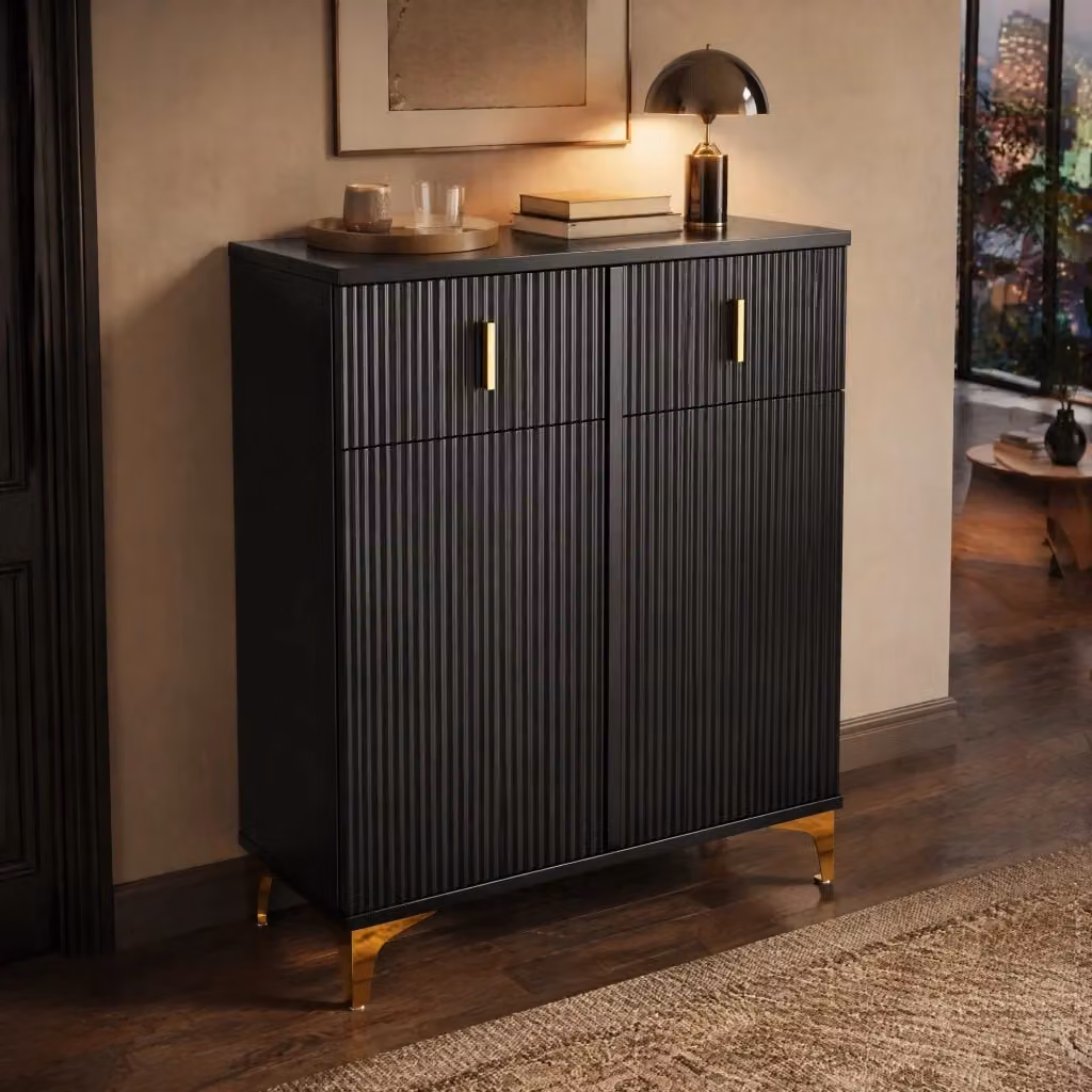 Madia REDOM moderna in legno MDF nera e oro con design geometrico L 83 cm x P 35 cm x H 101 cm – 2