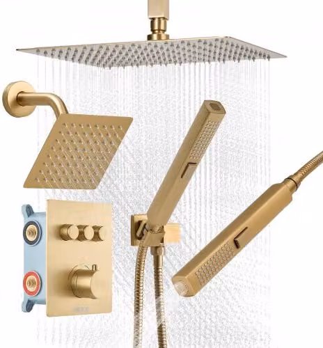 Set Doccia VEVOR Oro Spazzolato con Sistema a Pioggia da 304 mm, Soffione a Parete, Doccetta e Termostatico in Ottone