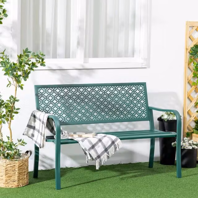 Panca da giardino moderna REDOM in acciaio verde scuro con braccioli per 2 persone L: 127 cm, P: 63 cm, H: 83 cm – 1