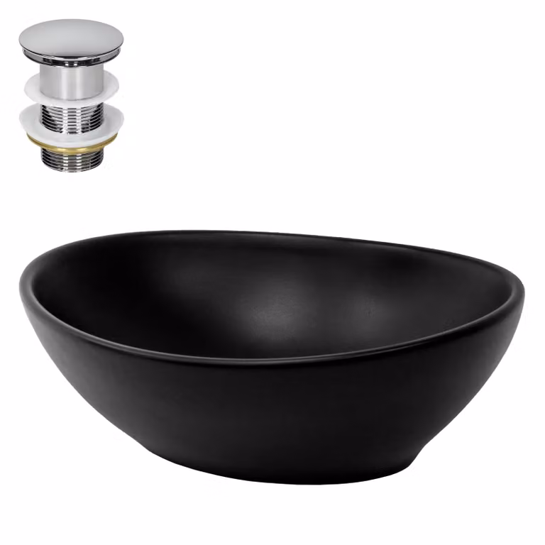 Lavabo LuxeBath Lavabo da appoggio ovale, 41x33,5x14,5 cm, nero opaco, in Vetroceramica, incl. set di scarico senza troppopieno
