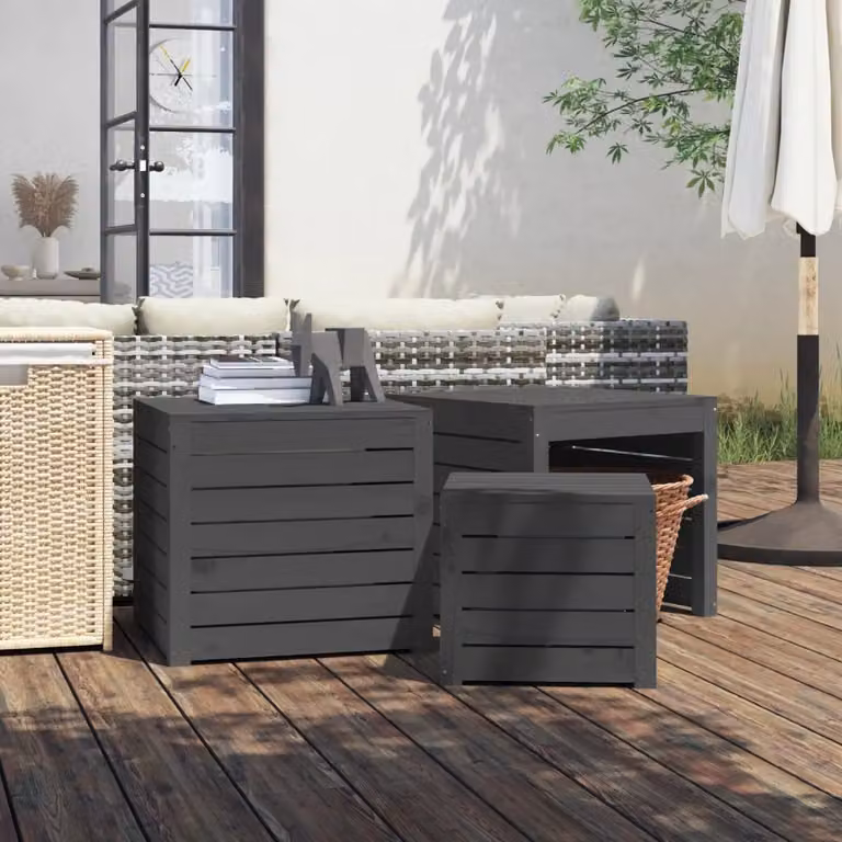 Set di 3 cassette da giardino vidaXL in legno massello di pino, colore grigio, stile rustico