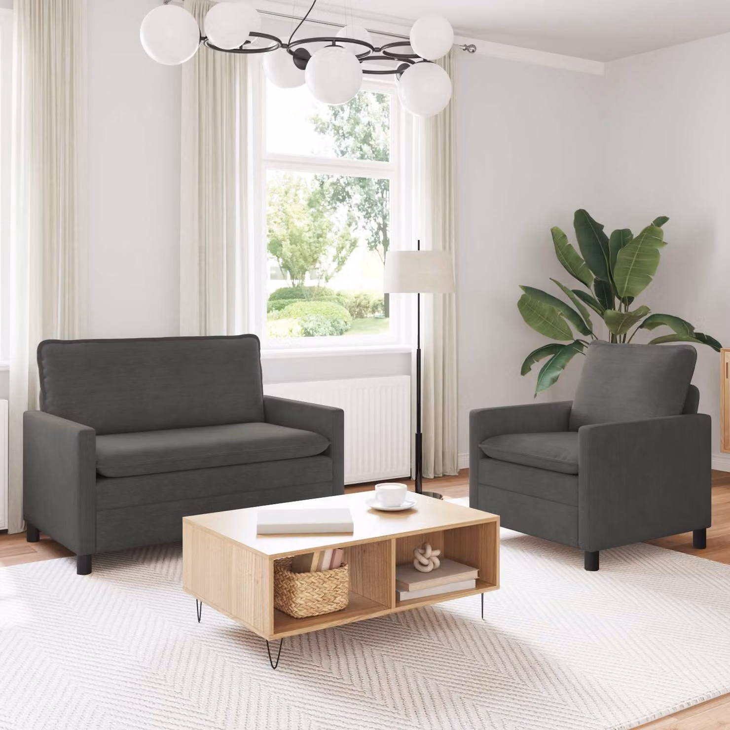 Set di 2 divani moderni vidaXL in tessuto grigio con struttura in metallo e cuscini inclusi