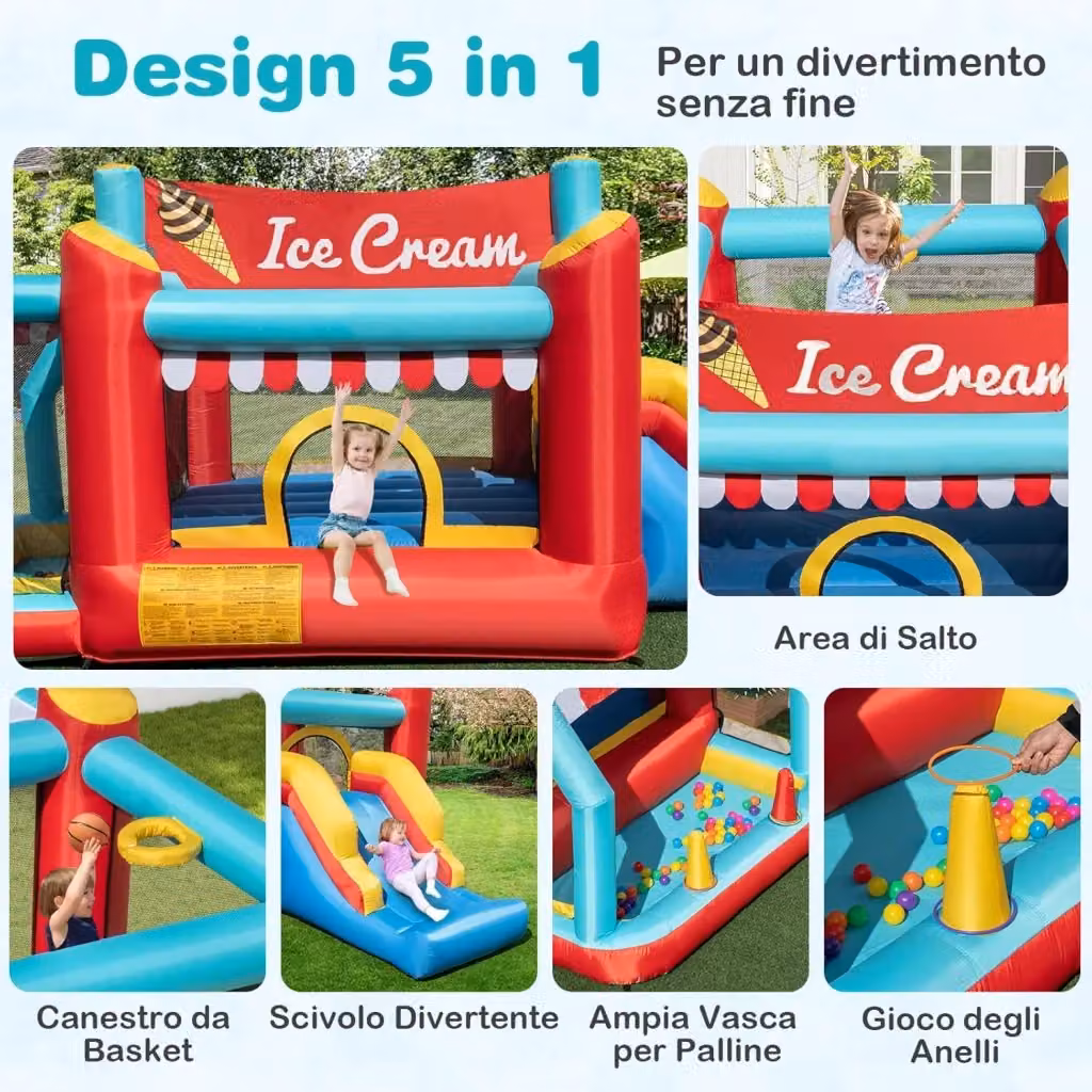 Castello Gonfiabile 5 in 1 Costway con Tema Gelato e Multicolore, Gioco con Scivolo, Trampolino, Canestro, Vasca per Palline e Torre di Gioco per Interno ed Esterno – 2