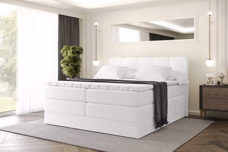 Letto boxspring ALTDECOR con materasso e rete a doghe, topper, letto imbottito con contenitore, letto con spazio contenitivo per materassi H3 e H4, letto matrimoniale, letto boxspring -LIRO KING- 140x200 - Ecopelle bianca