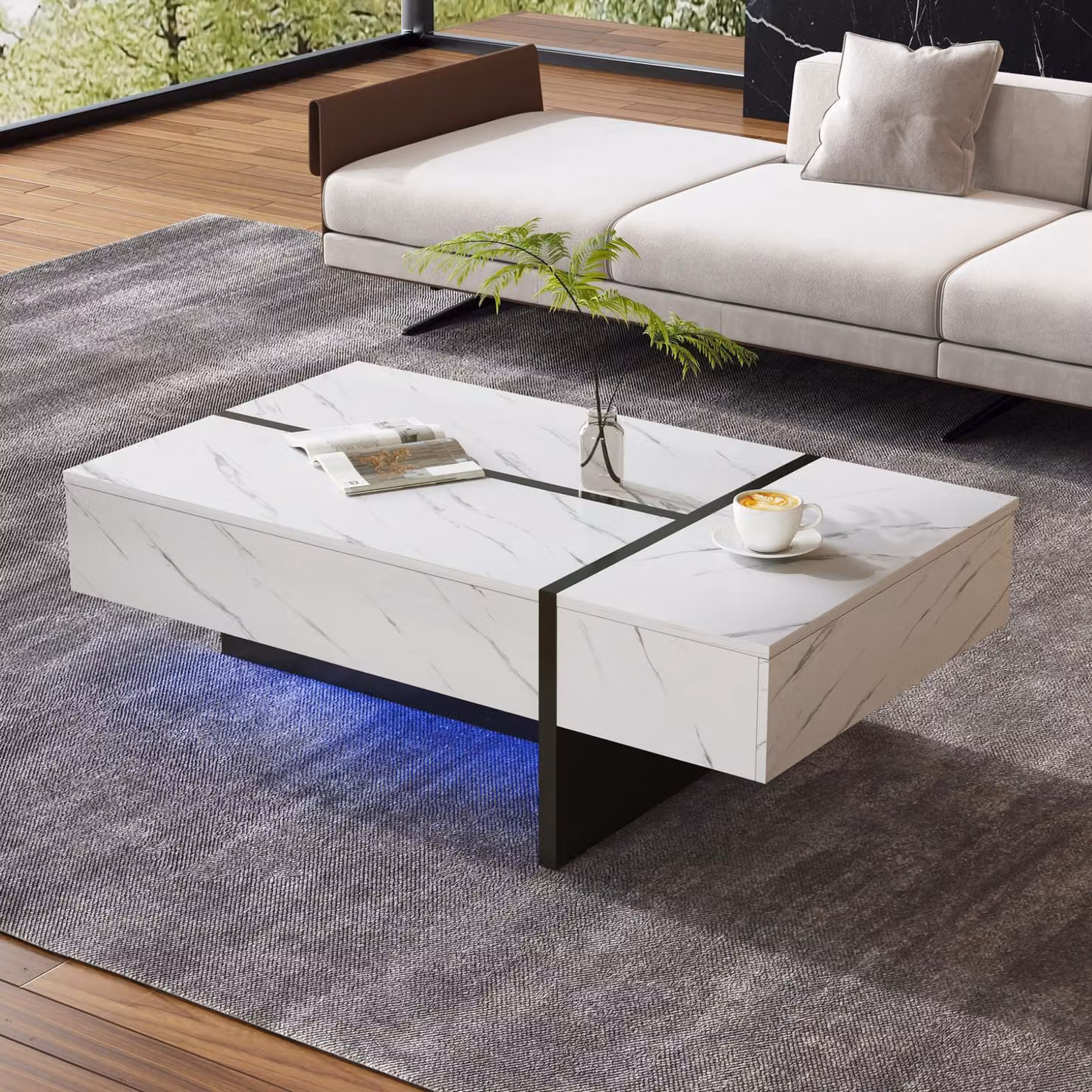 Tavolino da salotto moderno bianco con finitura lucida e design astratto, L: 126 cm, P: 60 cm, H: 35 cm – 2