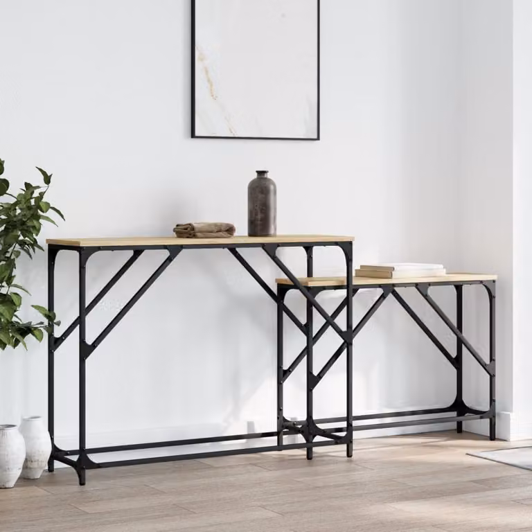 Set di 2 tavoli consolle impilabili vidaXL in legno e metallo color rovere, stile industriale per soggiorno o ufficio