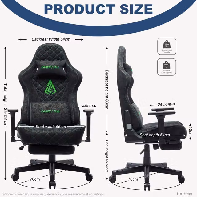 Sedia da gaming ergonomica ANDYOU in ecopelle nera stile vintage con poggiatesta e braccioli per ufficio e casa